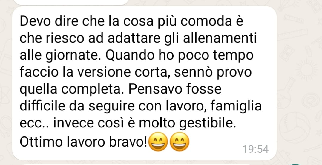 Testimonianza WhatsApp: allenamenti adattabili al tempo disponibile